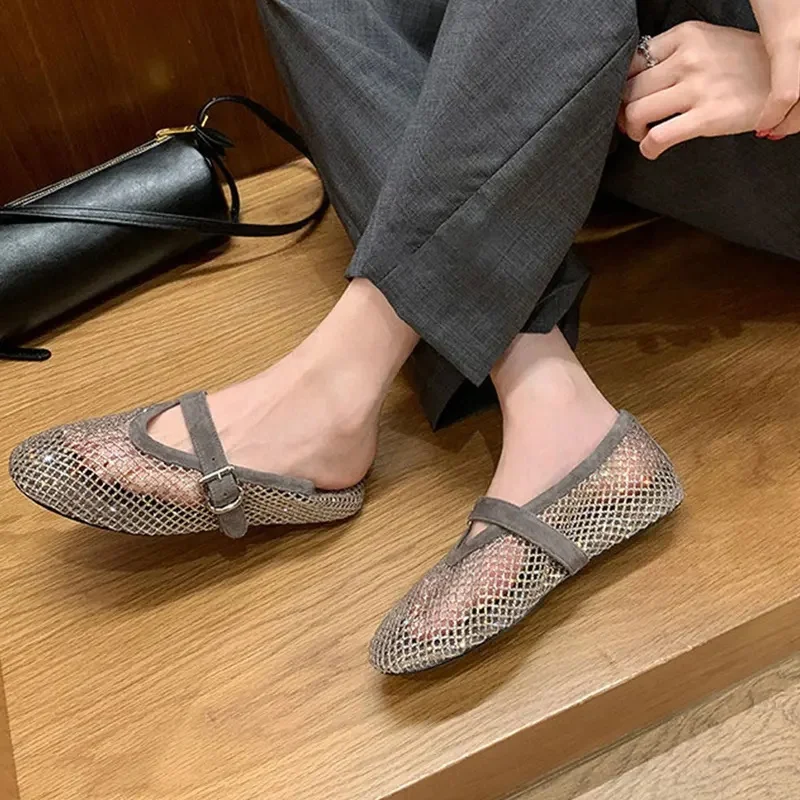 Bring Shoe Box Ballet Shoes~Inner Height Boosting Diamond Mesh Flat Bottom Mary Jane Shoes Women's Breathable Sandals