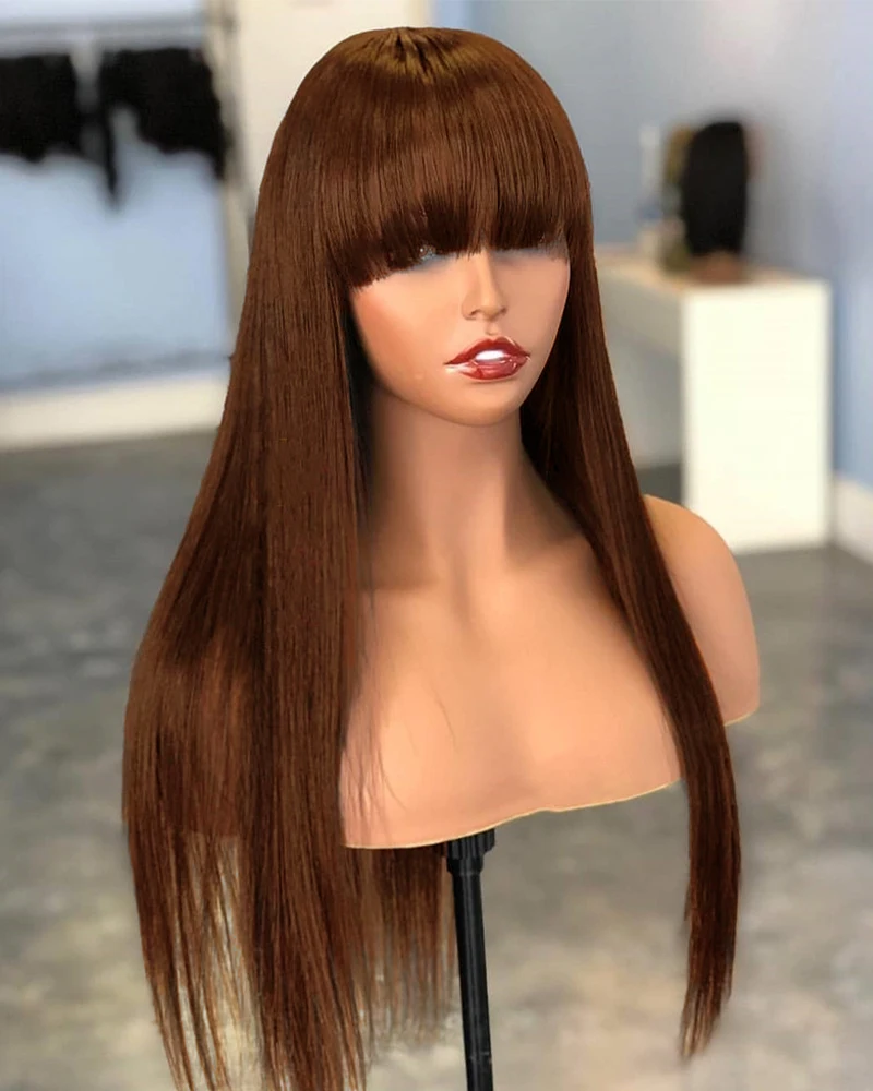 

Dark Brown 180Density 26“ Long Soft Straight Machine Wig with Bangs For Black Women BabyHair Preplucked Heat Resistant Glueless