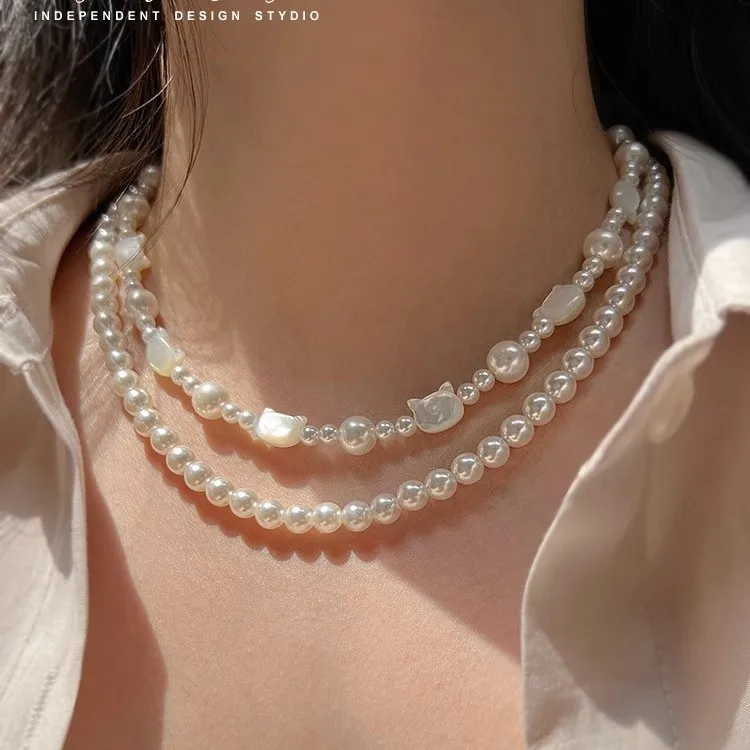 

Tanhua season handmade Ni Ni with the same natural cat mother shell Shijia pearl ilver necklace women's ins new neck chain