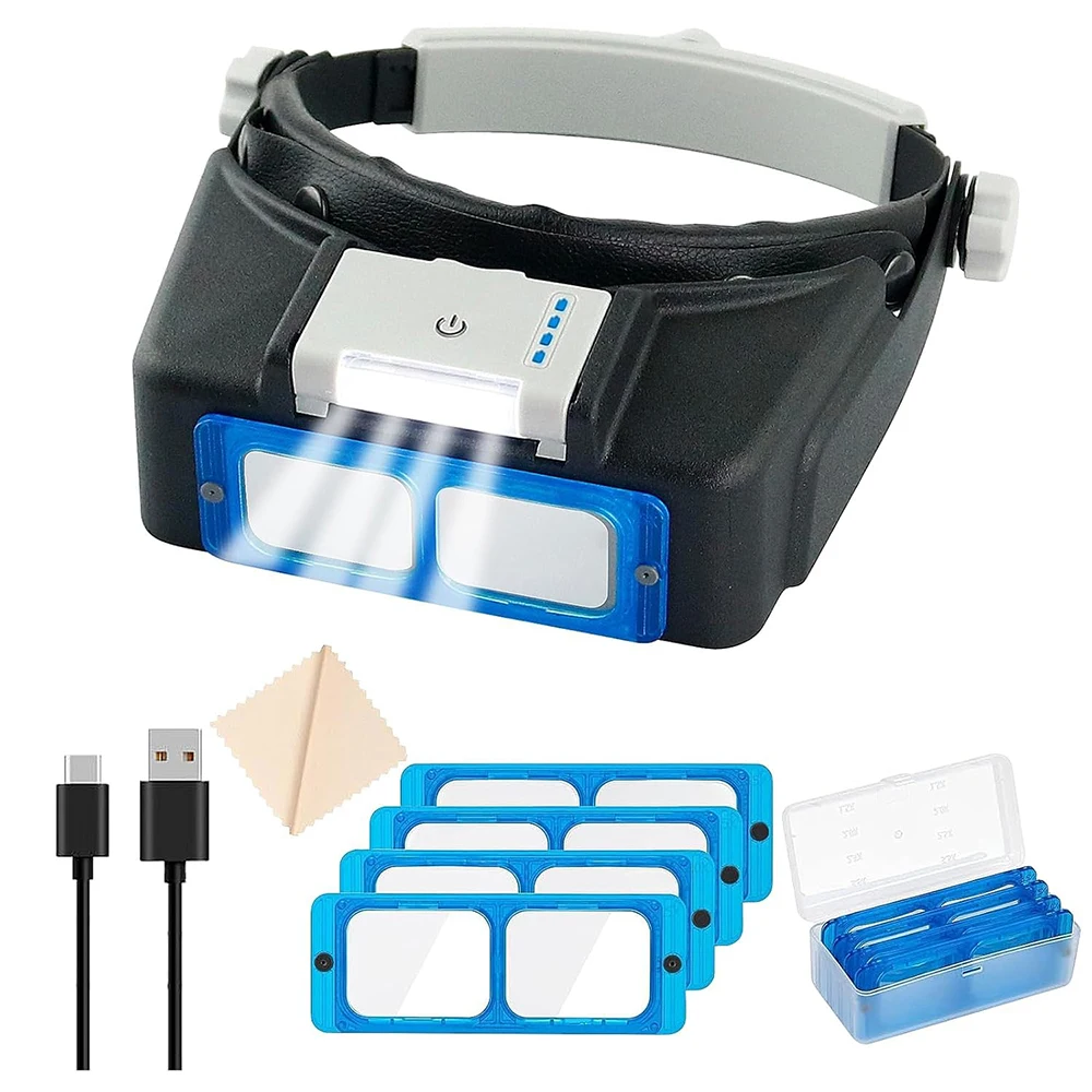 Magnifying Glasses Head Mounted USB Charging with 4LED Light for Battery Display High-Definition Reading Gifts 1.5X 2X 2.5X 3.5X