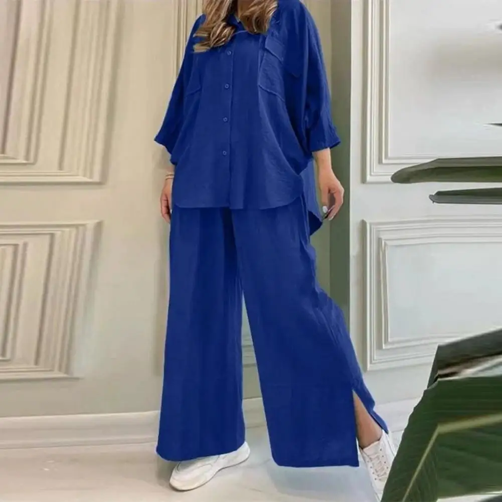 المرأة الربيع أعلى السراويل مجموعة المتضخم بلون الخامس الرقبة لينة طويلة الأكمام بلوزة واسعة الساق السراويل ملابس نسائية غير رسمية