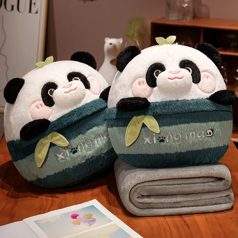 Soft Kawaii Stuffed Fat Panda 2 In 1 Pillow With Blanket Cute Plush Animal Doll Baby Appease Toy for Kids Cartoon Birthday Gifts