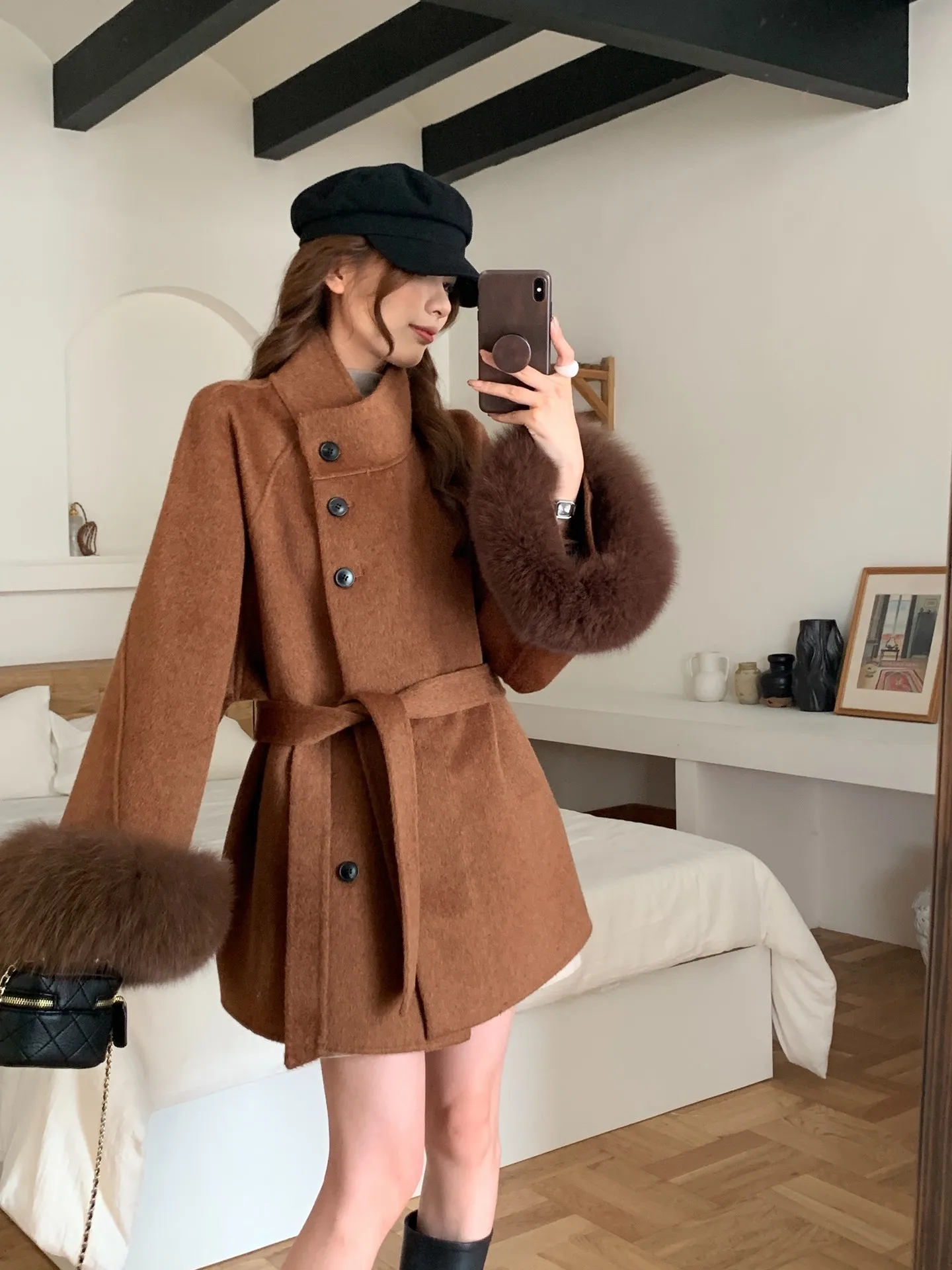 Holiday Warm Sun 2025 Autumn/Winter New Style Fox Fur cuffs Double-sided cashmere Coat for Women Gentle Style woolen coat