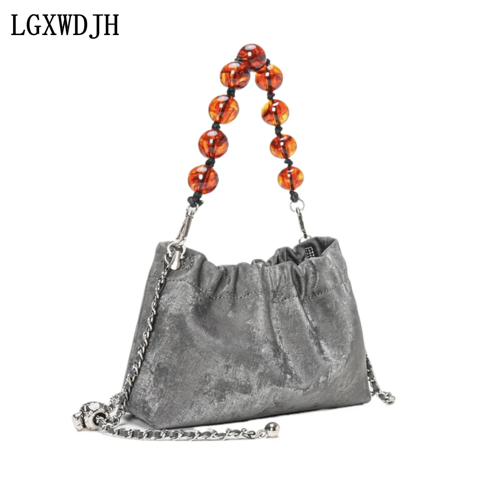 Large capacity cloud Bags for women  Top layer cowhide all-match national style Crossbody bag Silk  Chain Strip Women's handbag