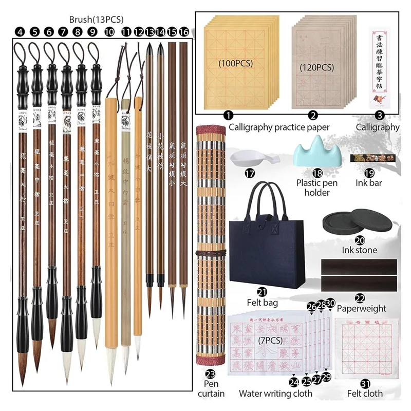 

31 Pcs Chinese Calligraphy Set Brush Gift For Beginner Including Brushes, Ink Sticks, Ink Stones, Paperweights