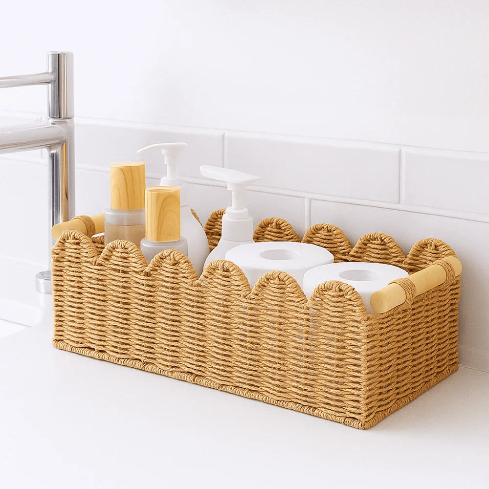 Rectangular Paper Rope Storage Basket Handwoven Scalloped Edge Toilet Paper Storage Basket Decorative Handmade