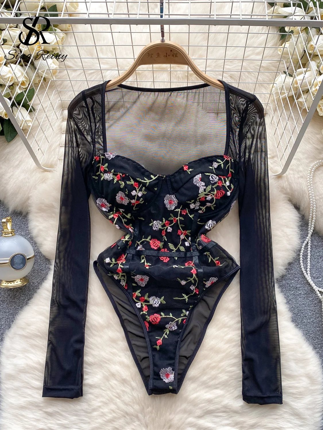 SINGREINY Retro Embroidery Floral Mesh Bodysuits Women Long Sleeved Transparent Rompers Sheer Streetwear Slim Sexy Playsuits