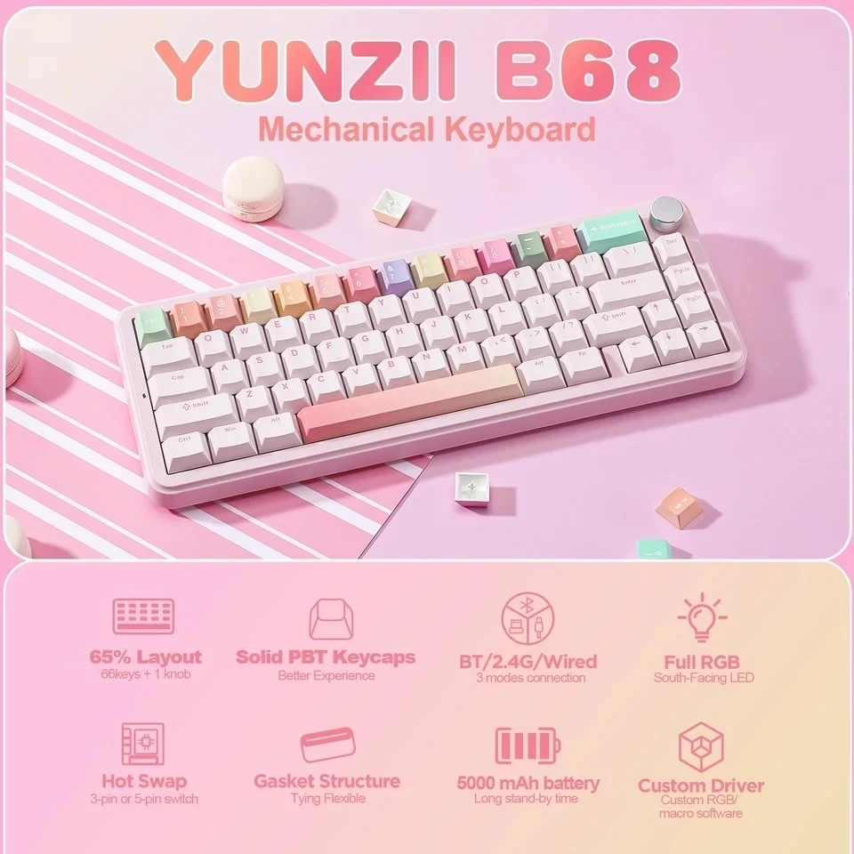 YUNZII B68 Mechanical Keyboard Tri-mode Wireless Hot Swap Gasket Structure Cute Customized Gaming Keyboard Pc Gamer Accessories