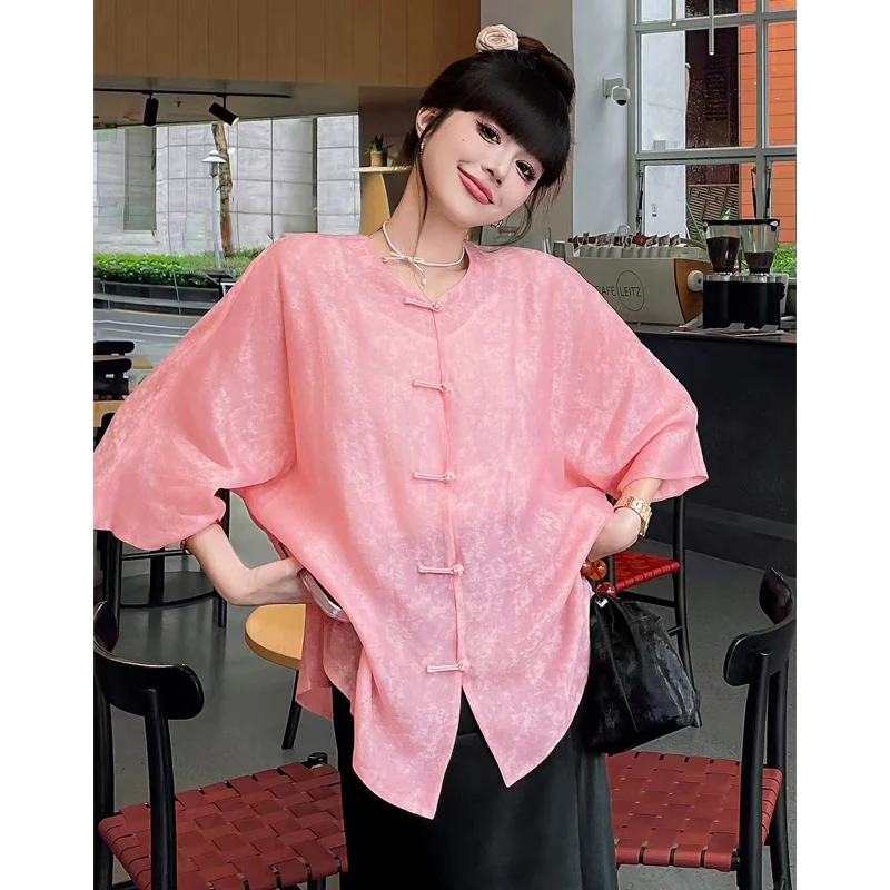 

High Quality Young Summer New Rayon Print O-Neck Three Quarter Sleeved Herringbone Single Breasted Loose Fitting Shirt S-XL