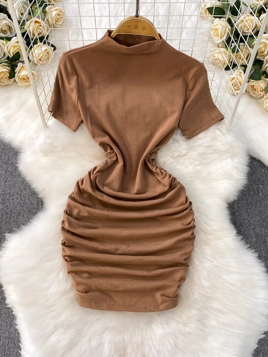 Foamlina Pleated Cinched Waist Slim Fit Dress Women 2025 Summer Chic Solid Color Short Sleeve Sexy Bodycon Mini Tight Dresses