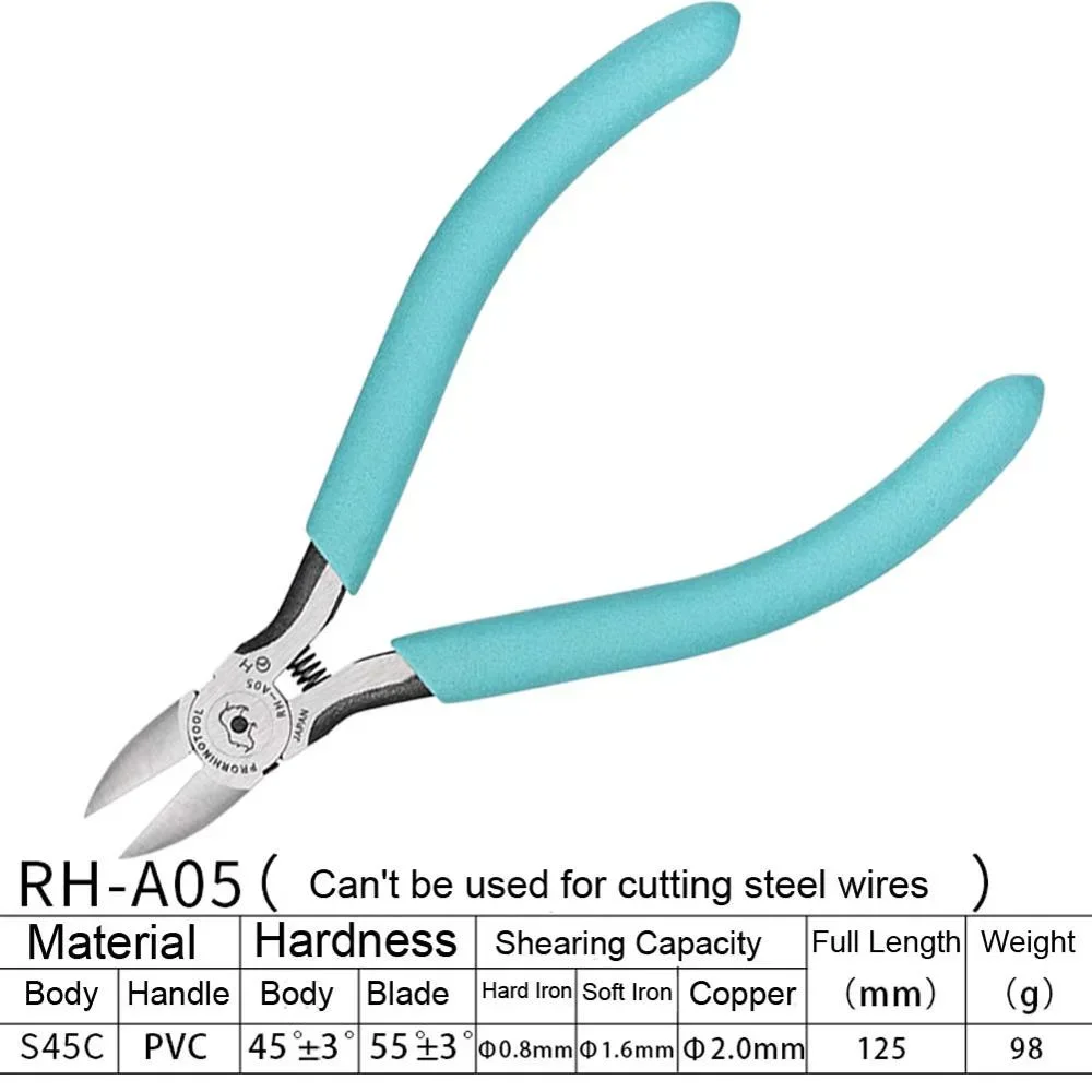 RHINO-Alicates diagonales de ángulo afilado endurecido, herramienta de mantenimiento multiusos de plástico, corte de alambre electrónico, RH-A05, 125mm