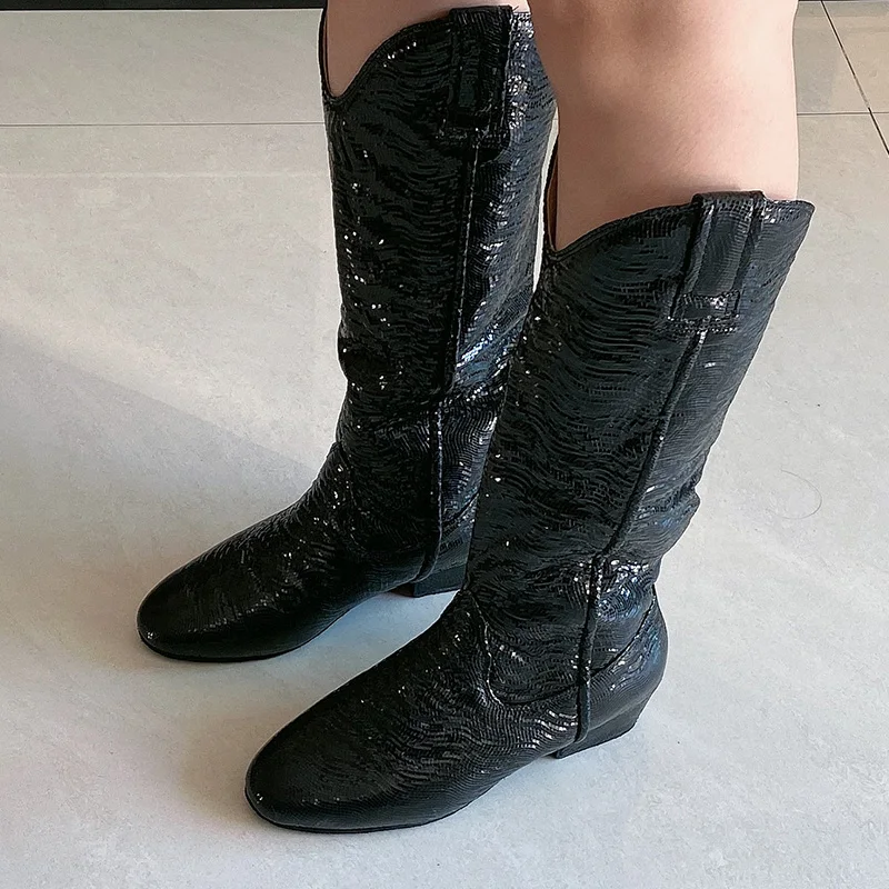 Wedopus Long Boots Winter Dance Shoes Suede Flat Sole Western Dance Boots Black Sequin Line Boots Designer Luxury 1CM 2CM Heel