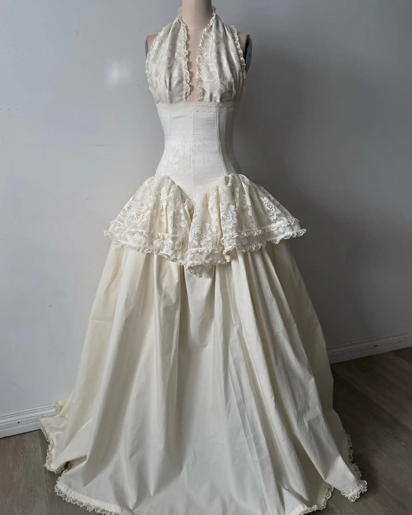 Customized Halter Open Front Lace Corset Ball Bridal Gown Ivory Ruffle Lace Overlay Puffy Full Victorian Vintage Wedding Dress