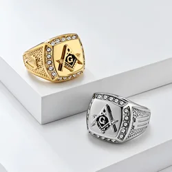 Hip Hop Jewelry Gold Plated Micro Paved CZ Stone Solid Stainless Steel Freemason Illuminati Ring for Men