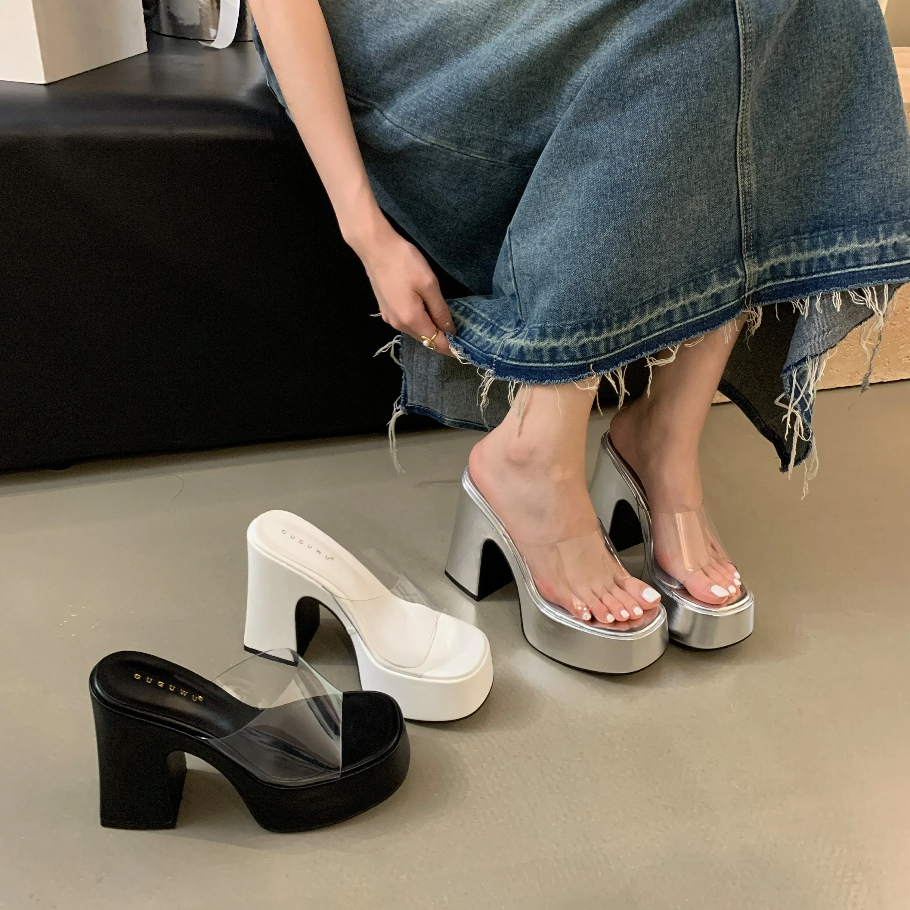 Open-toed Platform Sandals Women Wearing Transparent Muffins Drag 2024 New Summer Ultra-high Heel Waterproof Platform Slippers