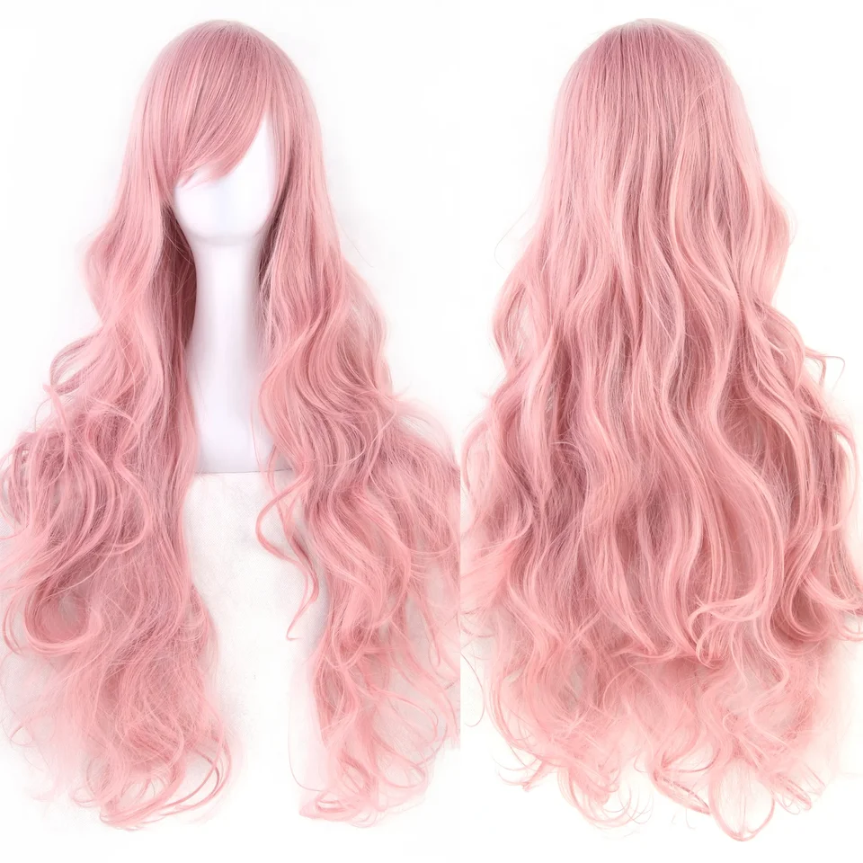 Peluca de cabello sintético rizado largo verde con flequillo rosa y negro para fiesta, cosplay para mujer 4