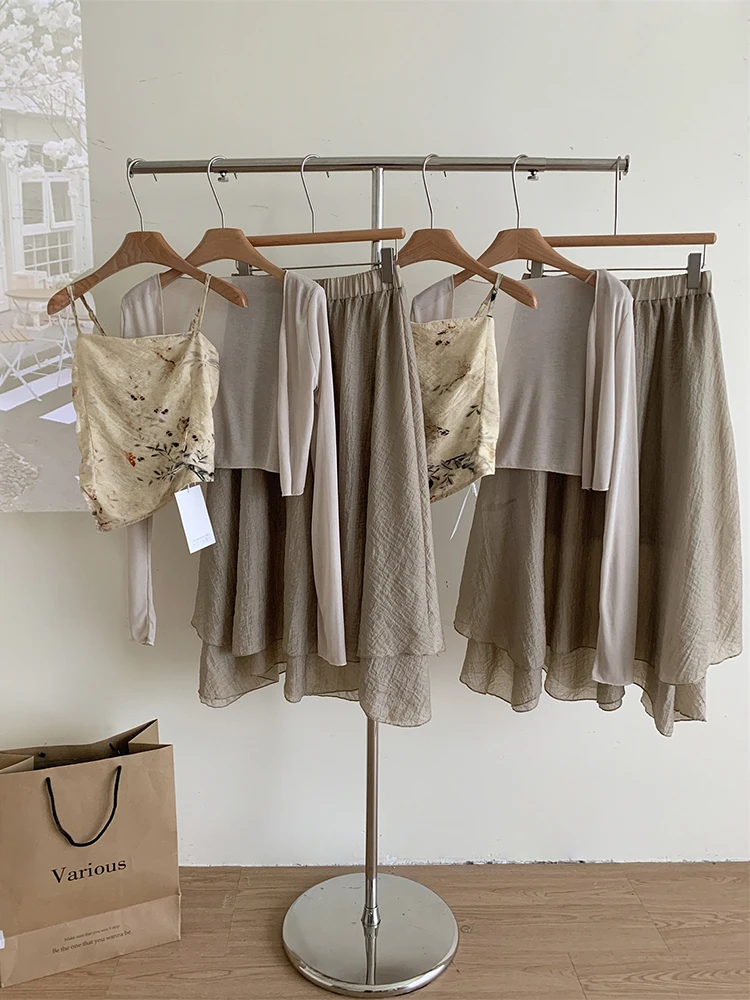 Fashion Camisole Vest+Knitted Cardigan + Casual Long Skirt Three Piece Sets Women Summer 2024 New Chinese Style Suits