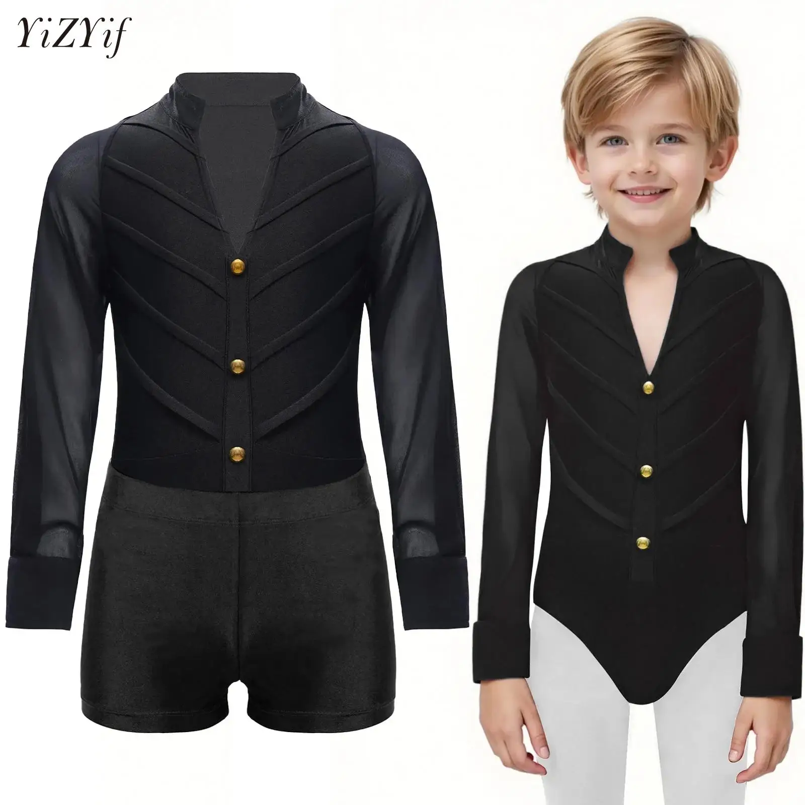 

Long Sleeve Latin Dance Shirt Bodysuit with Shorts Set for Kids Boys Modern Ballroom Salsa Tango Stage Competition Examination