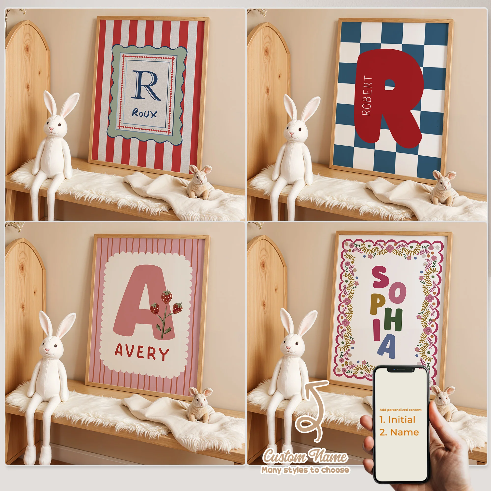 Cuadro personalizado con nombre de dibujos animados para niños, arte de pared a rayas, lienzo impreso, póster, pintura para sala de estar, decoración del hogar, regalo