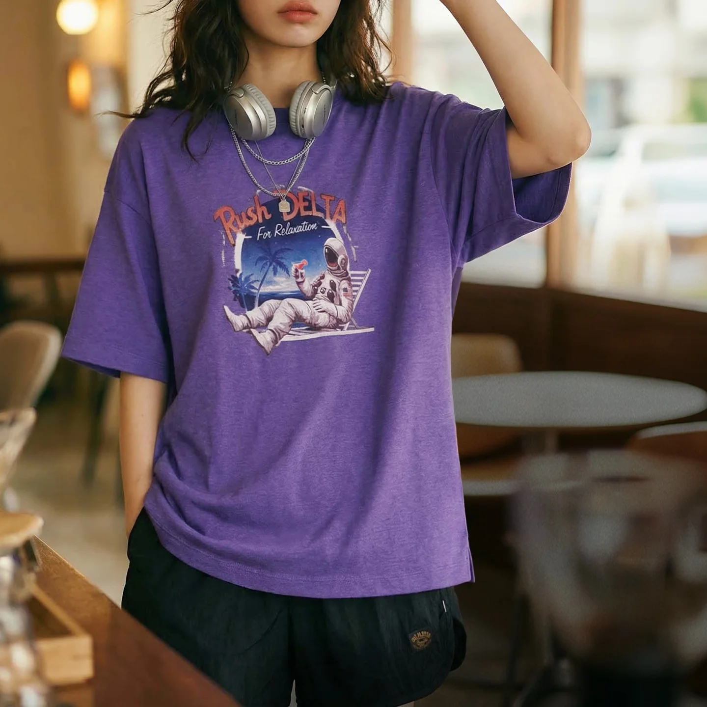 Maden Women's Vintage Purple Patchwork Lace Trim Tee Digital Pattern Print Loose Casual Short Sleeve Unique Stylish Daily Wear