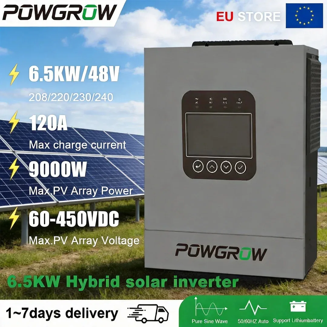 POWGROW 6.5KW Hybride Solar Inverter MPPT Charge 60V-500V Pure Sinusgolf 220VAC 120A MPPT Solar Inversor Controller Met Wifi