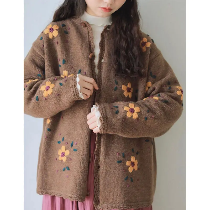 Cardigan Japanese Vintage Embroidered Flower Sweater Coat Women Long Sleeve Outwear Knitted Cardigan Loose Sweater Female Top