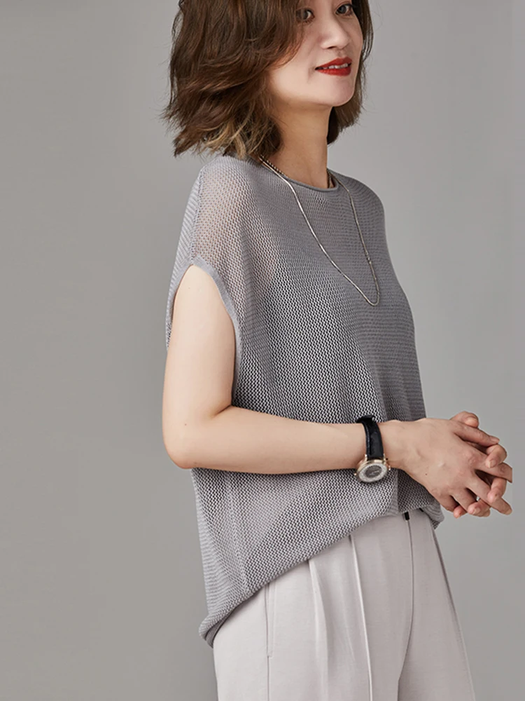 เสื้อยืดถักสีพื้นแบบโปร่ง ใส่สบาย สไตล์ลำลอง เหมาะกับฤดูร้อน ช่วยให้ดูผอมเพรียว เรียบง่าย ใส่ได้หลายโอกาส