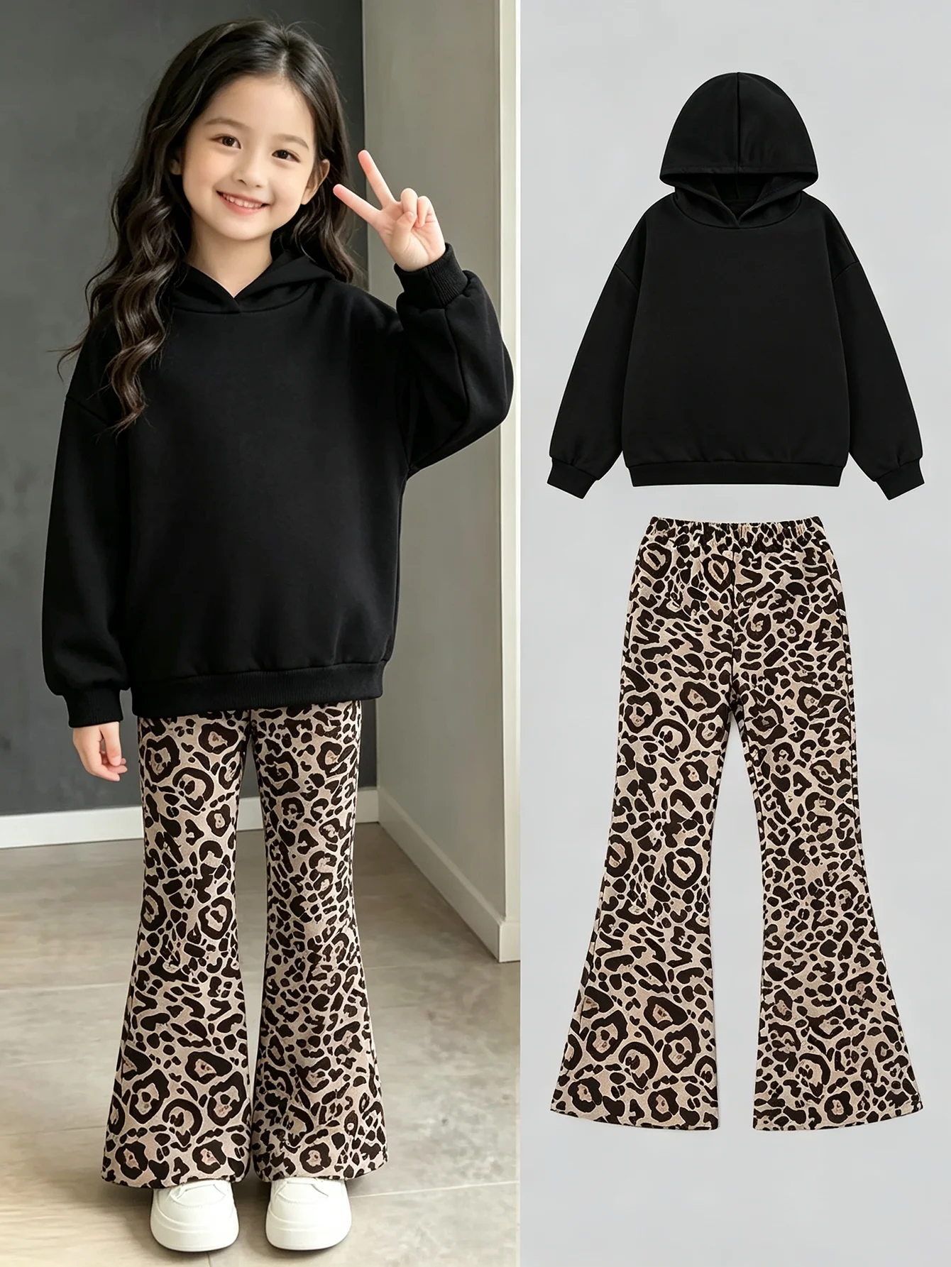 Children's Autumn Winter Solid Color Hooded Long Sleeve Sweatshirt Top with Leopard Print Flared Pants Set for Kids