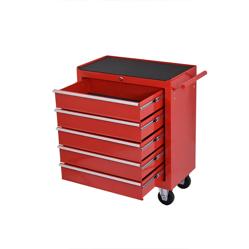 Carro de caja de herramientas rojo con cerradura, gabinete mental con rodillo de 5 cajones, carrito de jardín para garaje, 