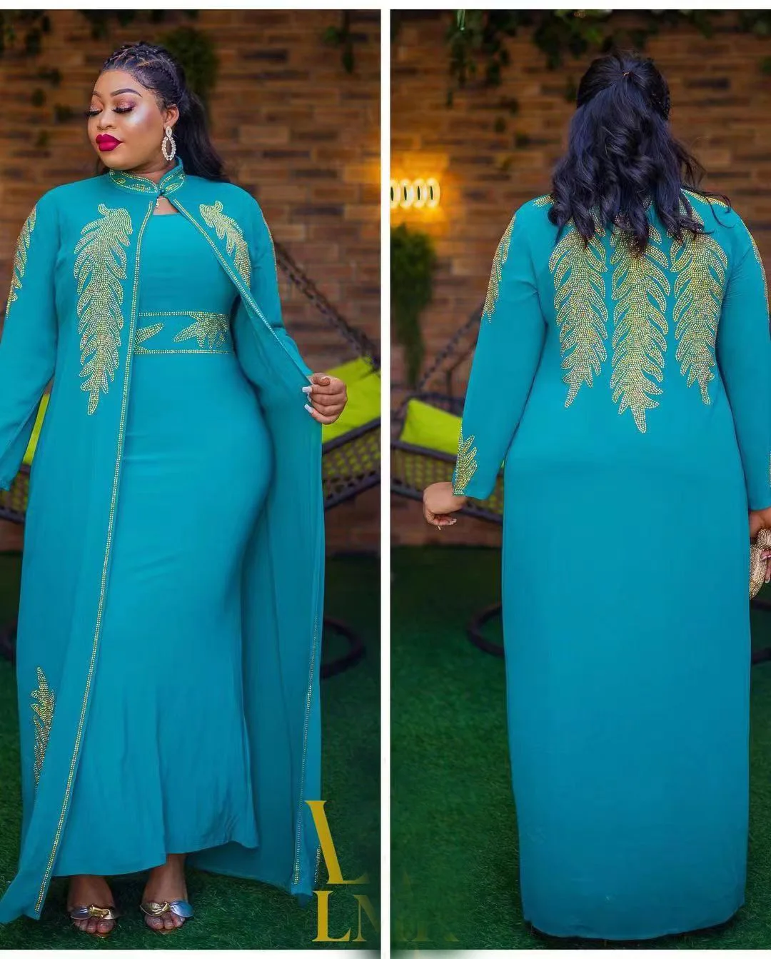 African Fashion Loose Stretch Evening Gown Front and Back Luxury Rhinestone Comfortable Long Sleeve Gown with Vertical Collar