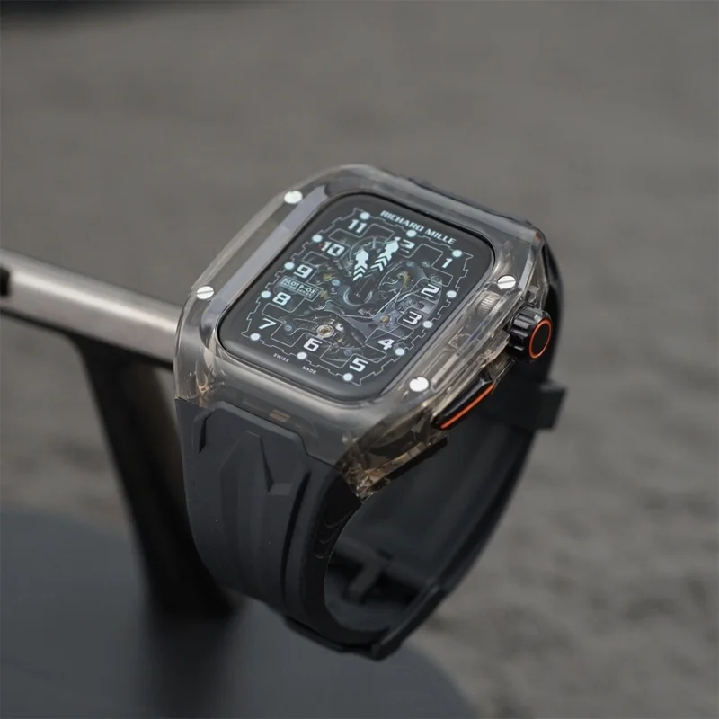 حزام ساعة ريتشارد مايل لسلسلة iWatch 10/Ultra2، 46 ملم 49 ملم 45 ملم 44 ملم 42 ملم، علبة كريستال + حزام سيليكون لسلسلة 9/8/7/SE2