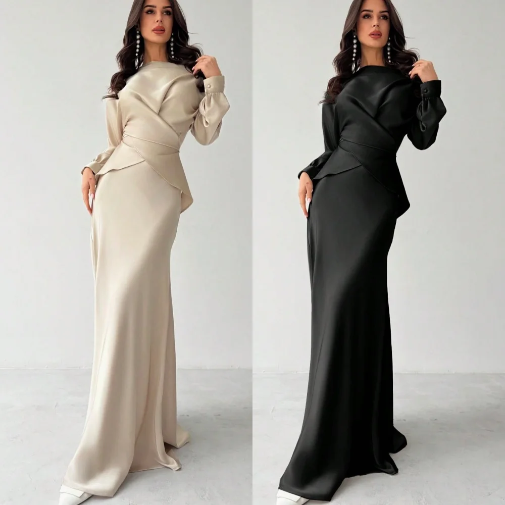 

Customized Charmeuse Pleat Button Ribbon High Collar Trumpet Long Dresses Bespoke Occasion Party Gown Simple Sizes Available