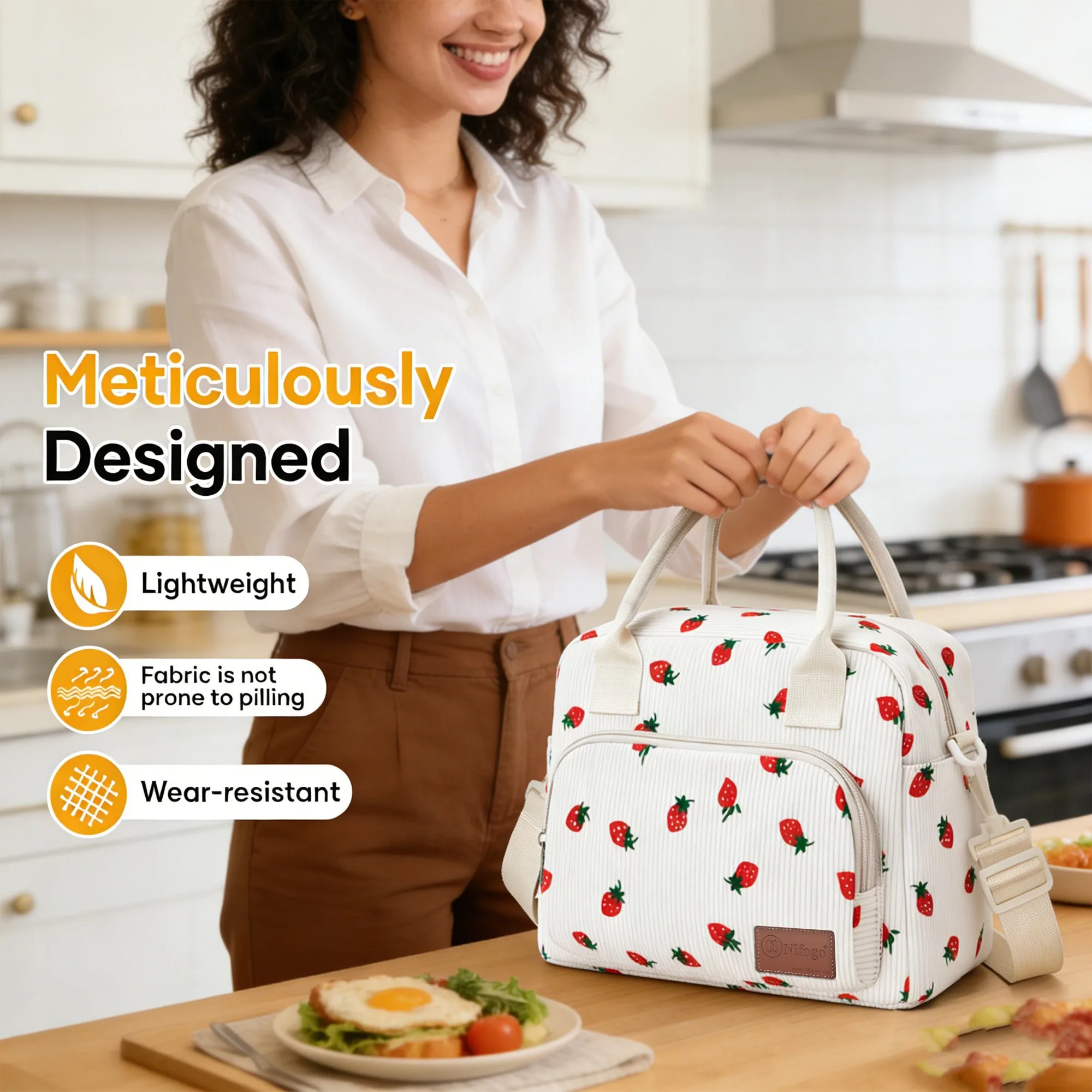 Cute Strawberry‑Print Corduroy Insulated Lunch Bag, Large Capacity Reusable Thermal Tote Bag with Detachable Shoulder Strap, Portable Leak‑Proof Food Cooler Handbag for Women Office Work, School, Picnic, Outdoor Travel