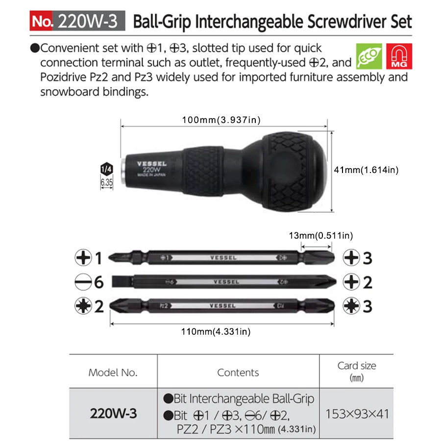 Imagem -02 - Vessel-ball Grip Screwdriver Conjunto com Bits de Substituição Slotted Phillips Pozidriv Chaves de Fenda Ferramenta Multifuncional 220w3