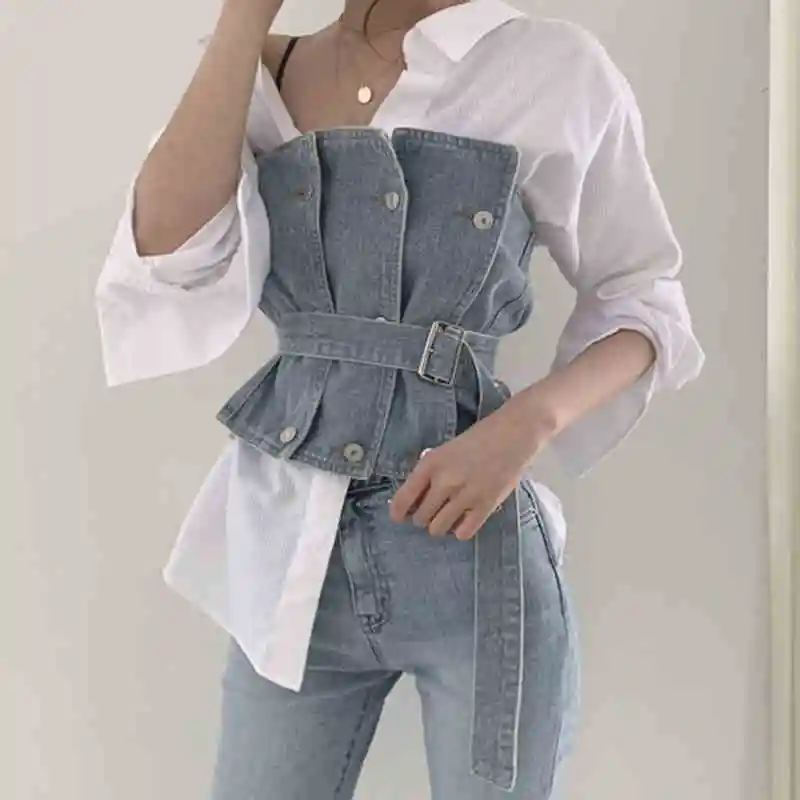 Fashion Strapless Denim Tops Summer Off Shoulder Women Short Vest With Belt Female Jean Tank Streetwear