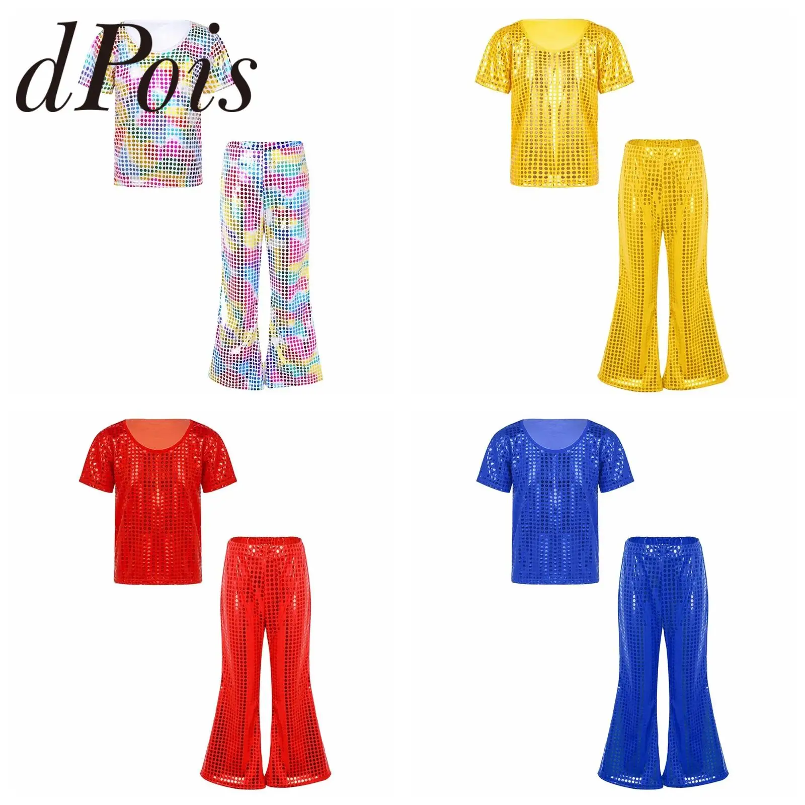 

Children's Jazz Dance Outfits Stage Performance T-shirt Flares Shiny Sequins Streetwear Sets Kids Boys Girls Street Dancewear