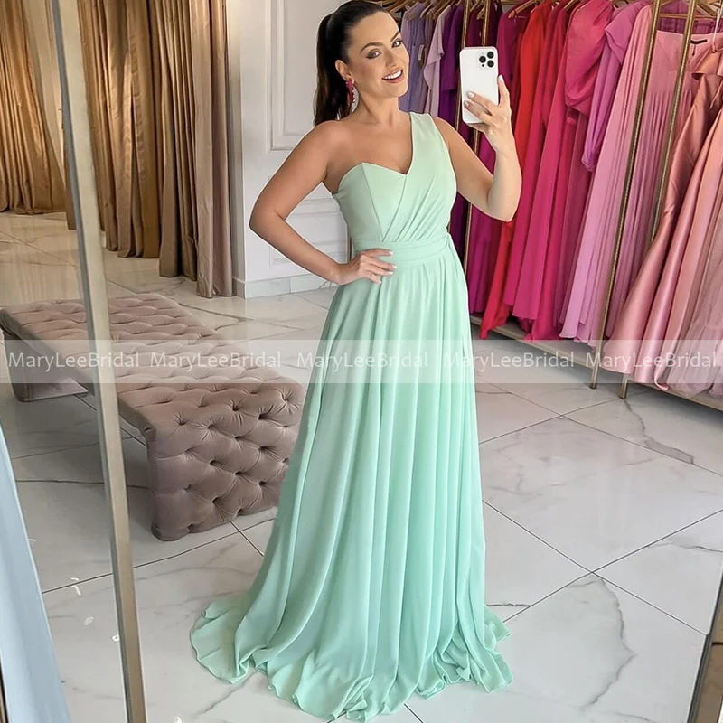 

One Shoulder Mint Green Bridesmaid Dresses A-line Floor Length Chiffon Formal Wedding Guest Party Dress Cheap Bride Maids Gowns