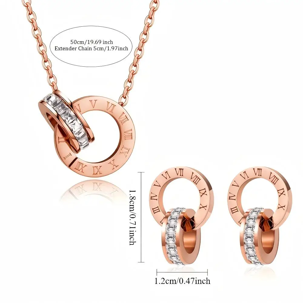 Elegant Rose Gold  Stainless Steel Jewelry Set - Double Ring Necklace & Earrings with CZ, Perfect Gift for Women view 3