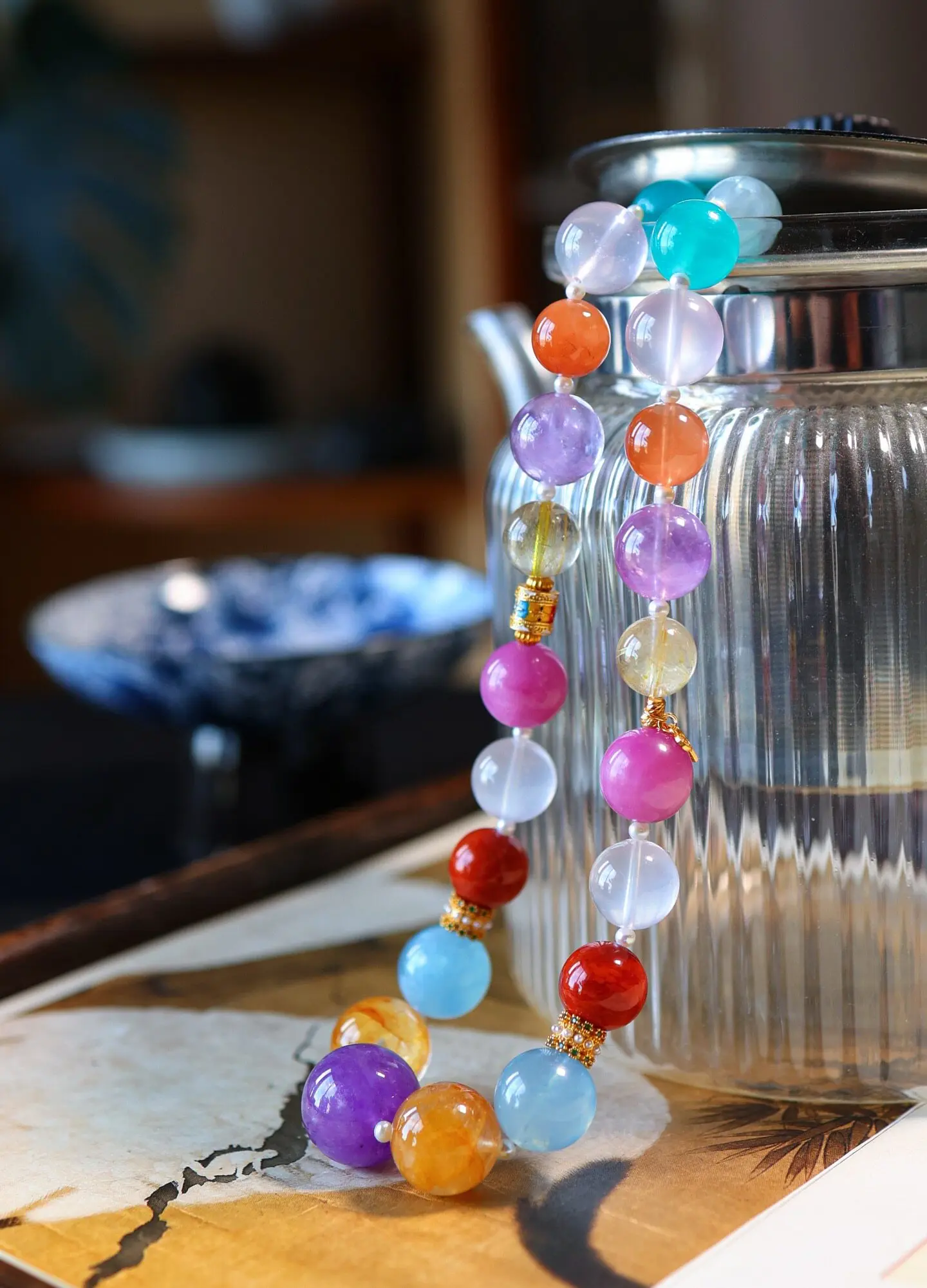 Natural Multi-Gemstone Necklace with Amethyst Rose Quartz Amazonite Red Agate Aquamarine Chinese Style Choker