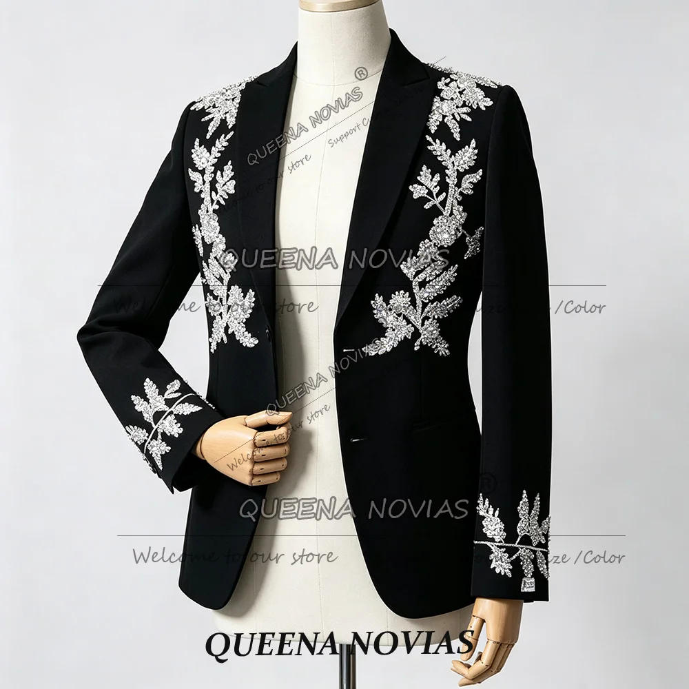 Exclusive Man Suit Jackets 1 Piece Set Crystals Beading Groom Prom Blazer Customized Wedding Party Tuxedo Slim Fit Men Coat 2027