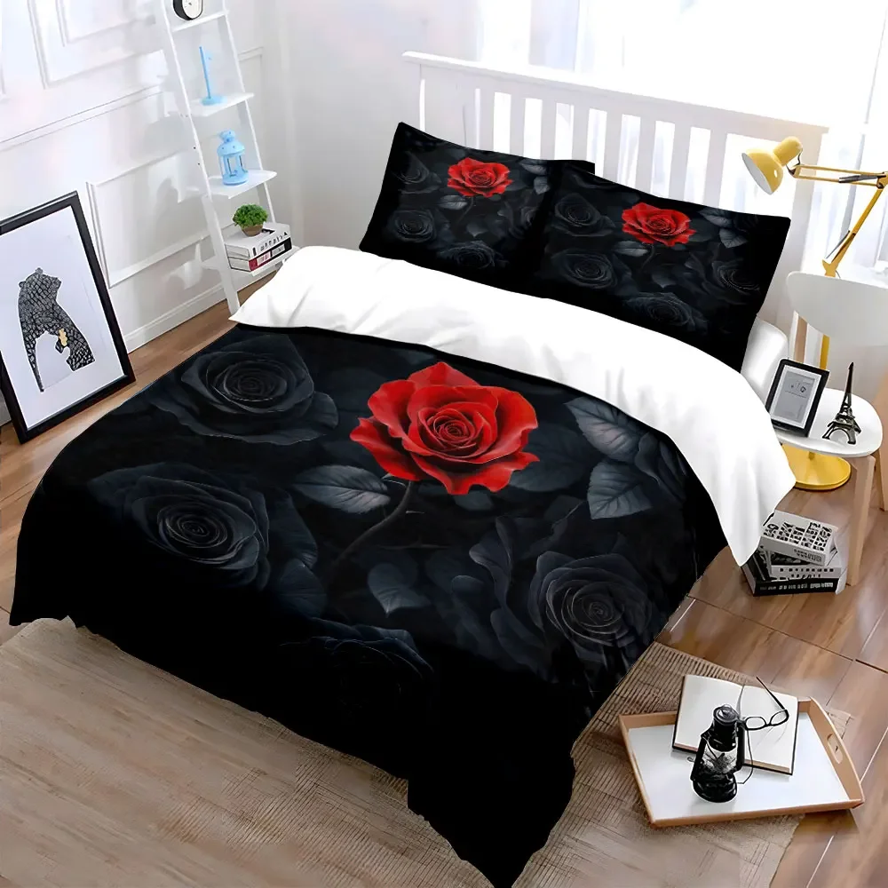 3Pcs Red Black Rose Bedding Set,Single Red Rose on Black Roses Background Print Duvet Cover + 2 Pillowcases,Gothic Floral Decor