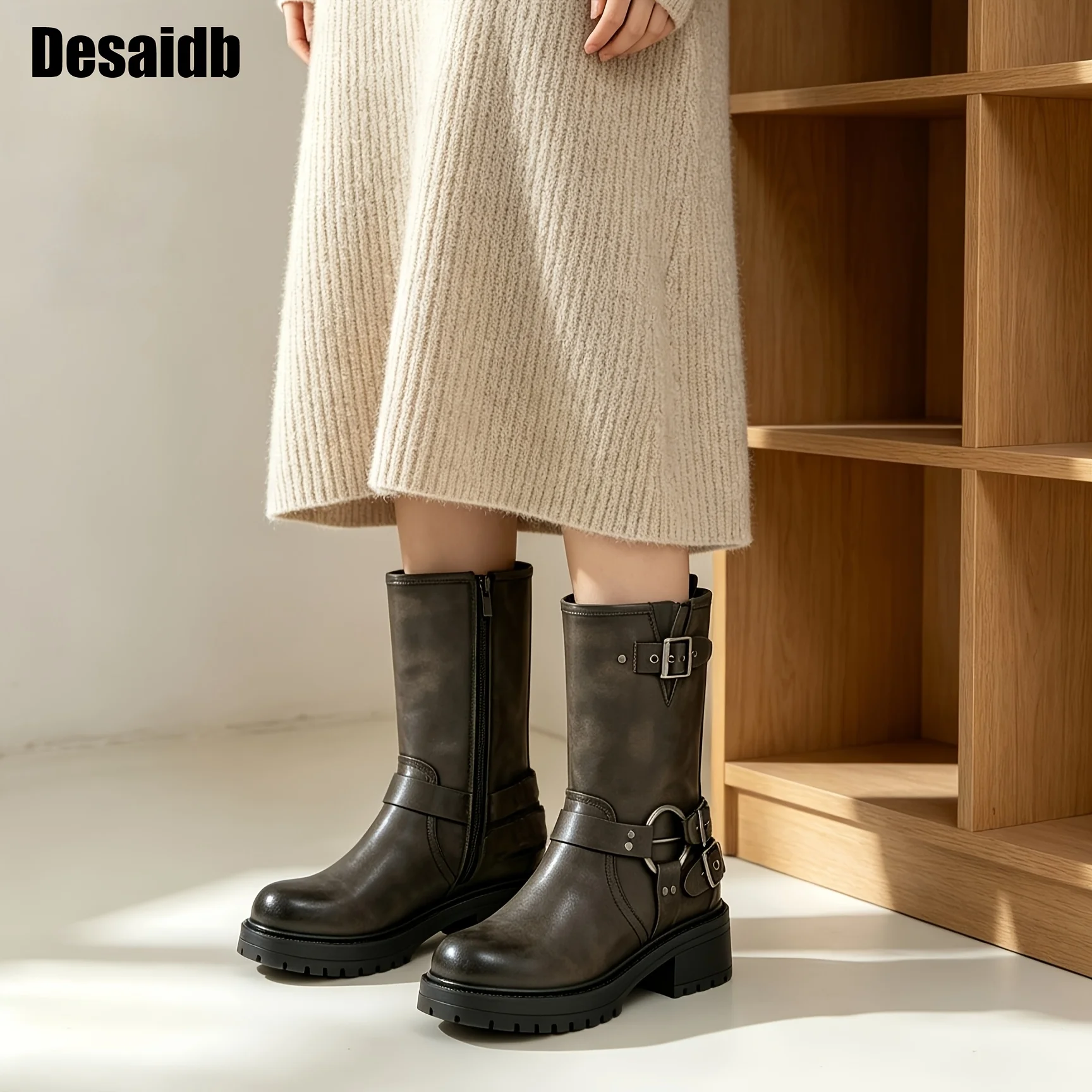 Desaidb Women's Autumn Winter Vintage Distressed Mid-Calf Riding Boots, Side Zipper, Chunky Block Heel, Thick Lug Sole