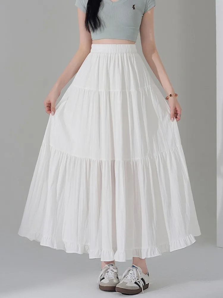 

Белая женская юбка миди с эластичным поясом, в клетку, с оборками, А-силуэт, с полным воланом, летняя