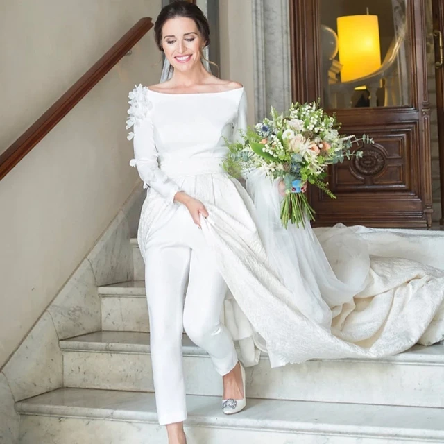 2022 spiaggia bohemien tuta da sposa con treno staccabile floreale a maniche lunghe macchia abito da sposa tailleur pantalone vestido de novia AliExpress
