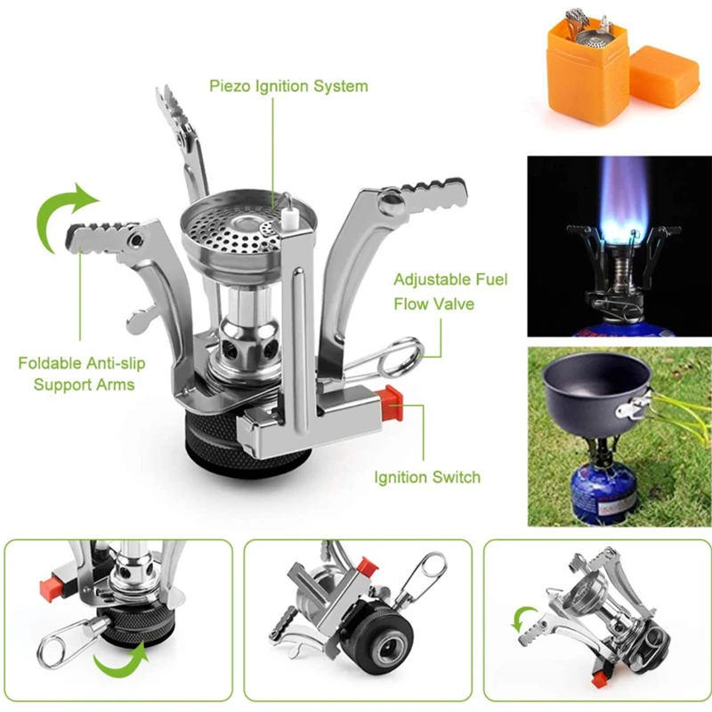 Olla de aleación de aluminio para acampar, juego de vajilla turística para senderismo, Picnic, con cuchara plegable, Mini estufa de Gas, utensilios de cocina para viajes de acampada al aire libre