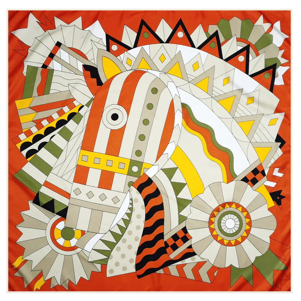 

90cm Manual Hand Rolled Twill Silk Scarf Women Horse Head Curled Square Scarves Echarpes Foulards Femme Wrap Bandana Hijab