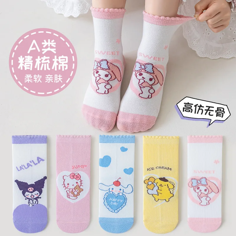 5Pcs Kids Socks Sanrio Kids Hellokitty Cinnamoroll Melody Kuromi Anime Sock Spring Autumn Winter Soft Breathable Girl Gift