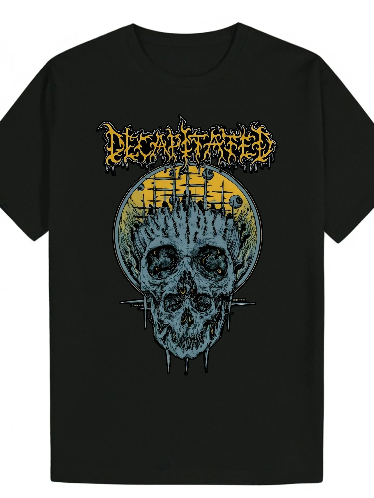 

Men's Summer Casual Graphic T-Shirt - Skull & Crossed Bones Design with "Decapitated" Text, Black with Yellow & Blue Accents