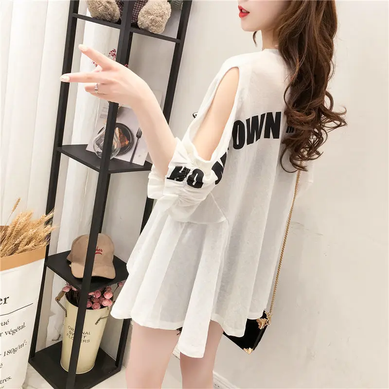 Women Clothing Summer New Off Shoulder Loose T Shirts Short Sleeve Solid Letter Printing Hollow Out Tops Tees Fashion Casual