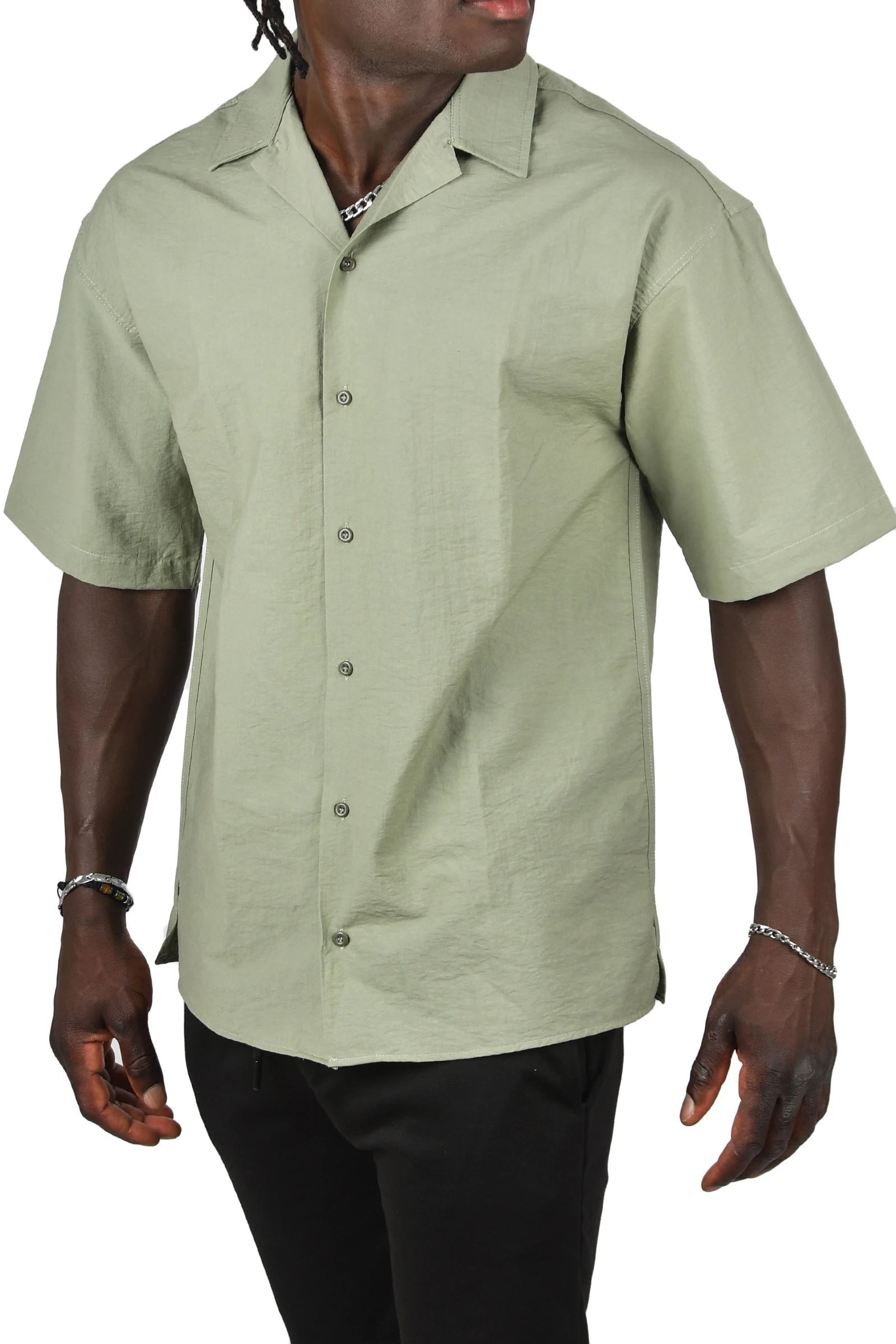 DeepSEA Oven Collar Seafloin Fabric Button Short Sleeve Oversize Shirt 2403017